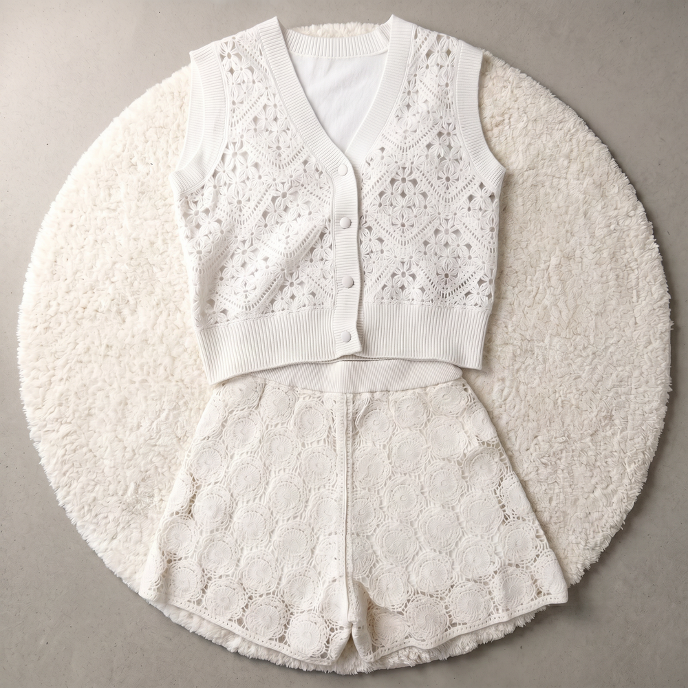 100% Wolle Häkel Zweiteiler Damen – Luxuriöses Strick-Set Weste & Shorts