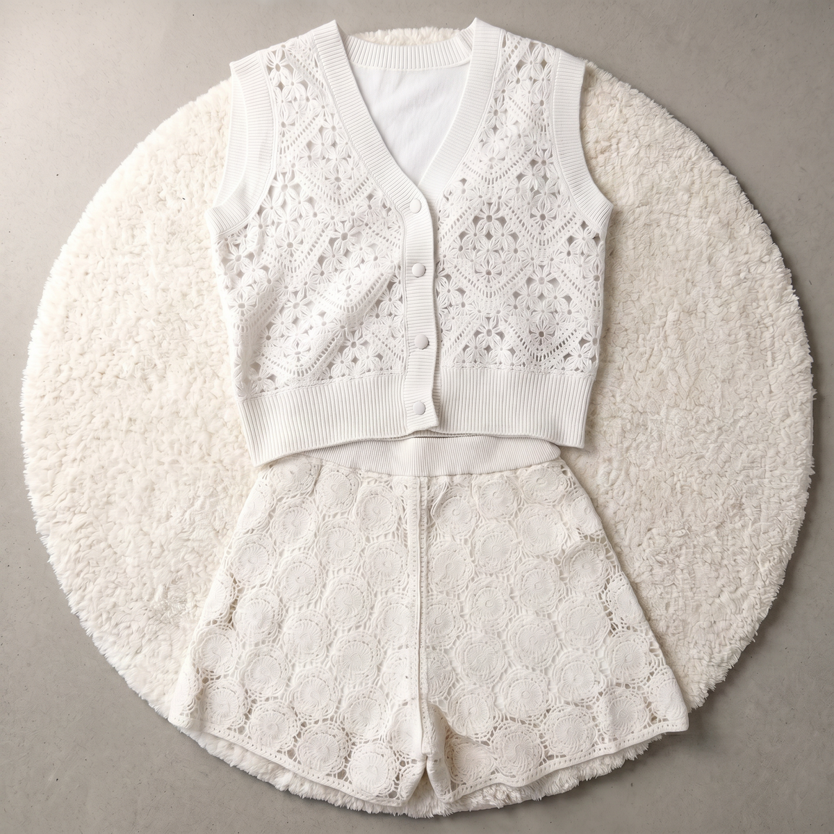 100% Wolle Häkel Zweiteiler Damen – Luxuriöses Strick-Set Weste & Shorts