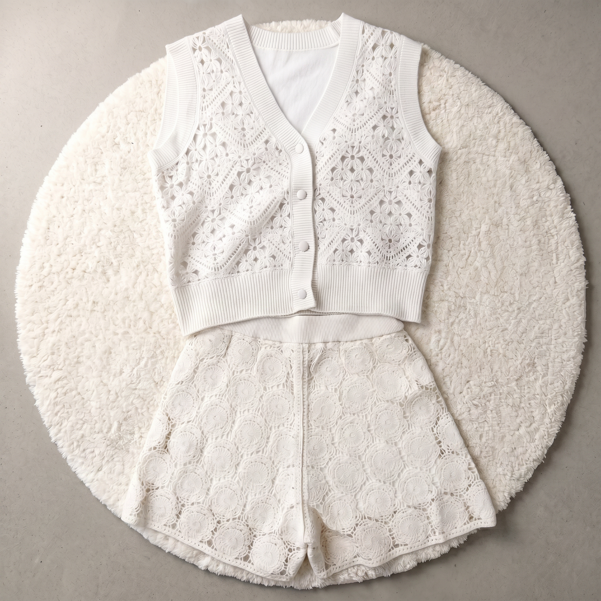 100% Wolle Häkel Zweiteiler Damen – Luxuriöses Strick-Set Weste & Shorts