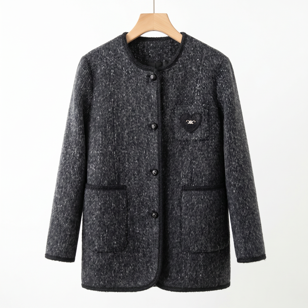 Elegant Wool-Alpaca Blend  Blend Round-Neck Coat with Heart Appliqué | Premium Minimalist Outerwear