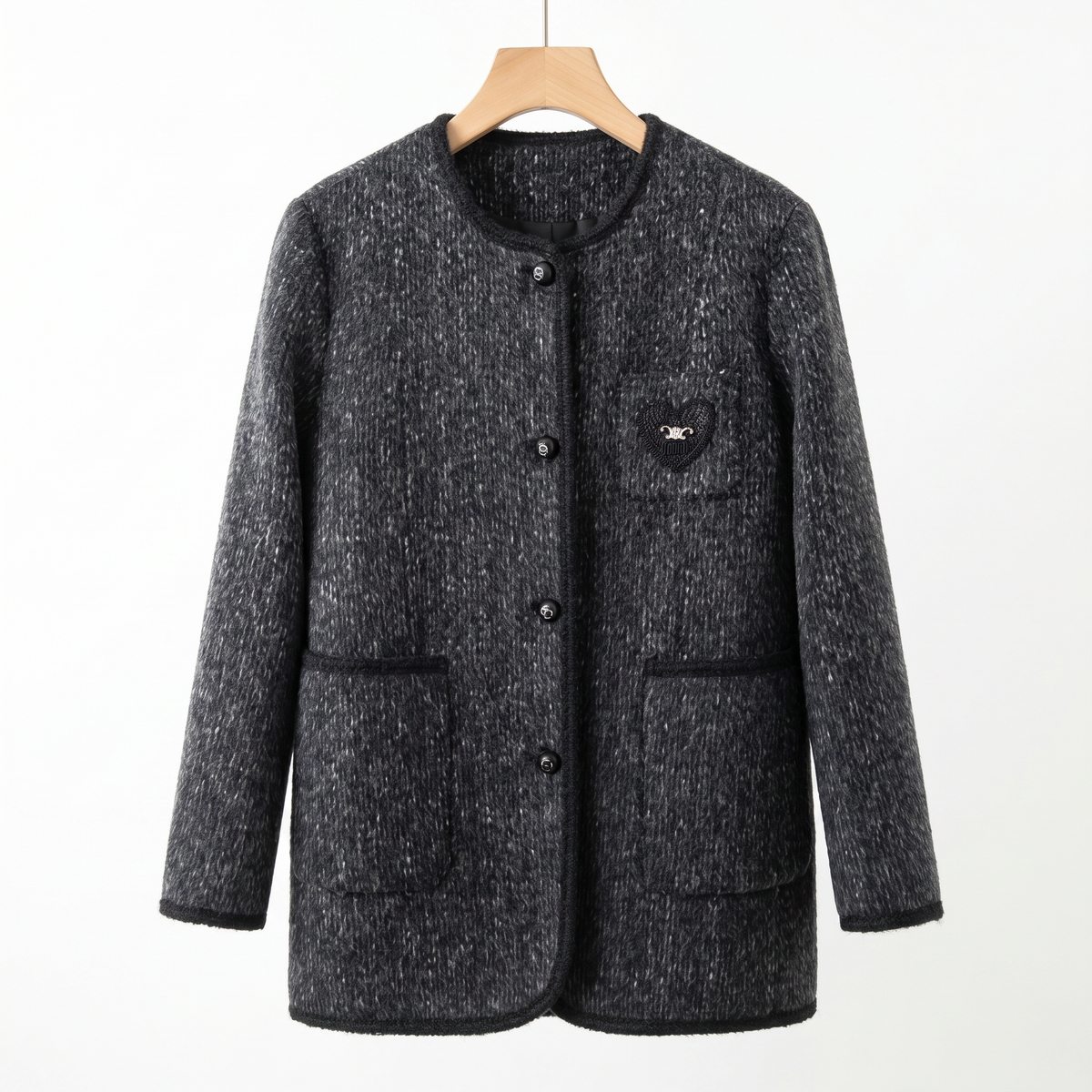 Elegant Wool-Alpaca Blend  Blend Round-Neck Coat with Heart Appliqué | Premium Minimalist Outerwear