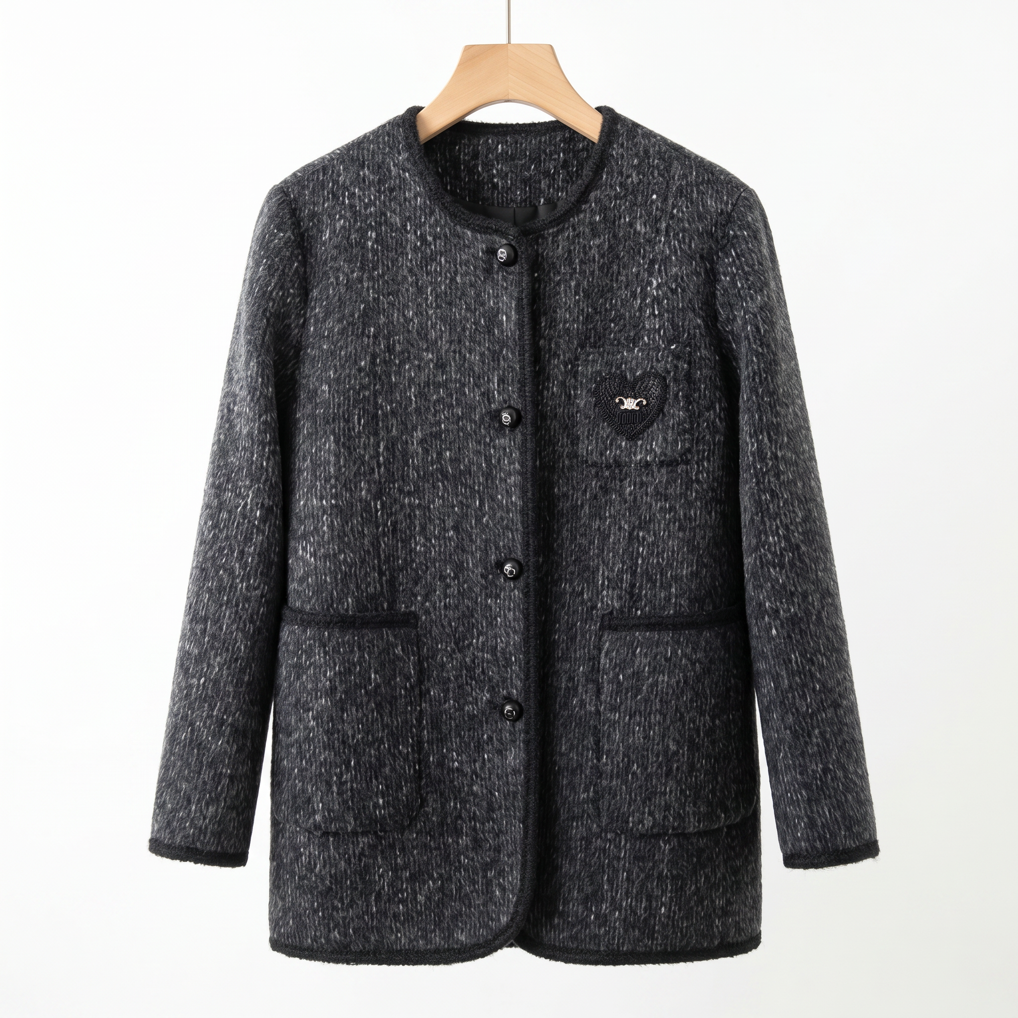 Elegant Wool-Alpaca Blend  Blend Round-Neck Coat with Heart Appliqué | Premium Minimalist Outerwear