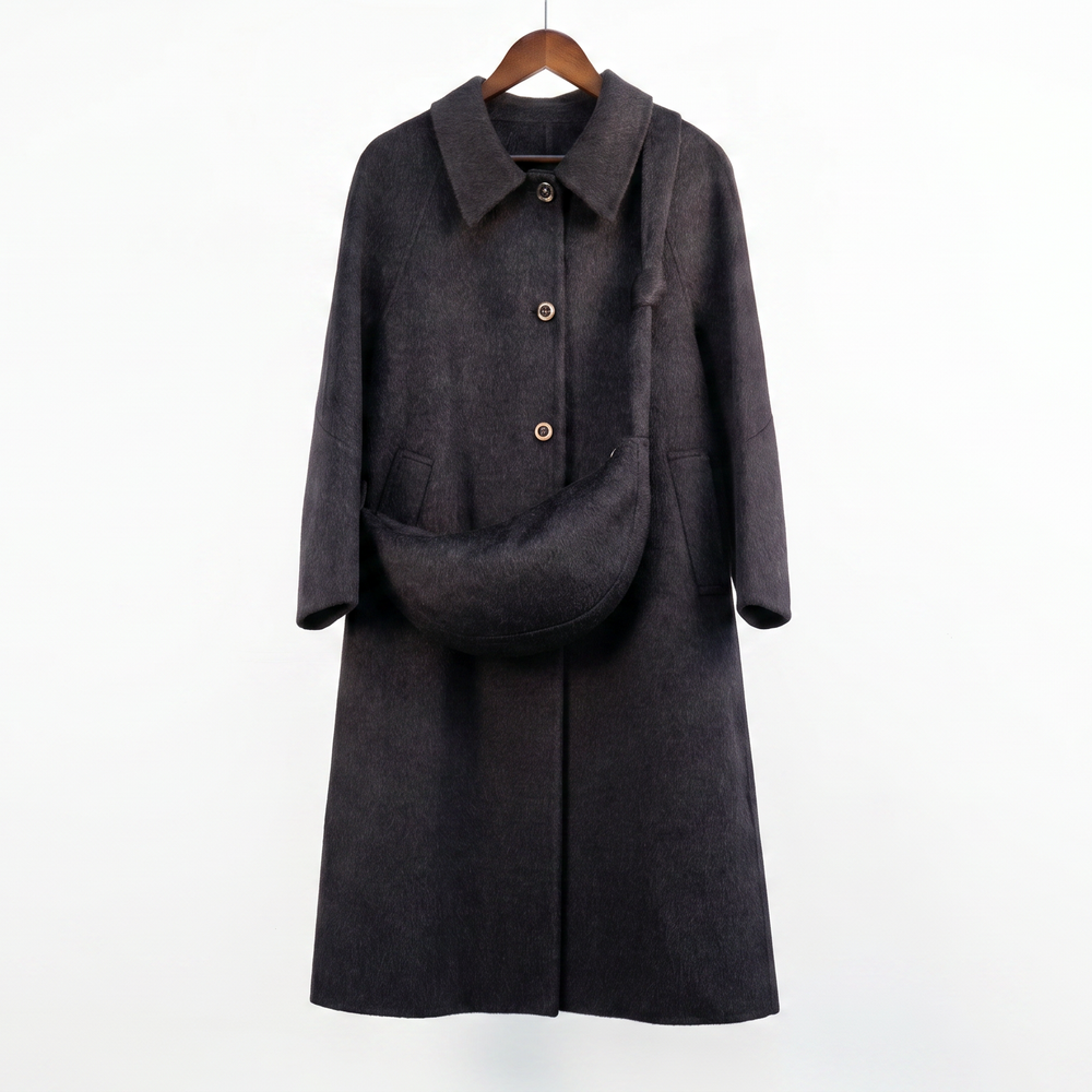 Premium Wool-Blend Long Coat with Matching Crossbody Bag