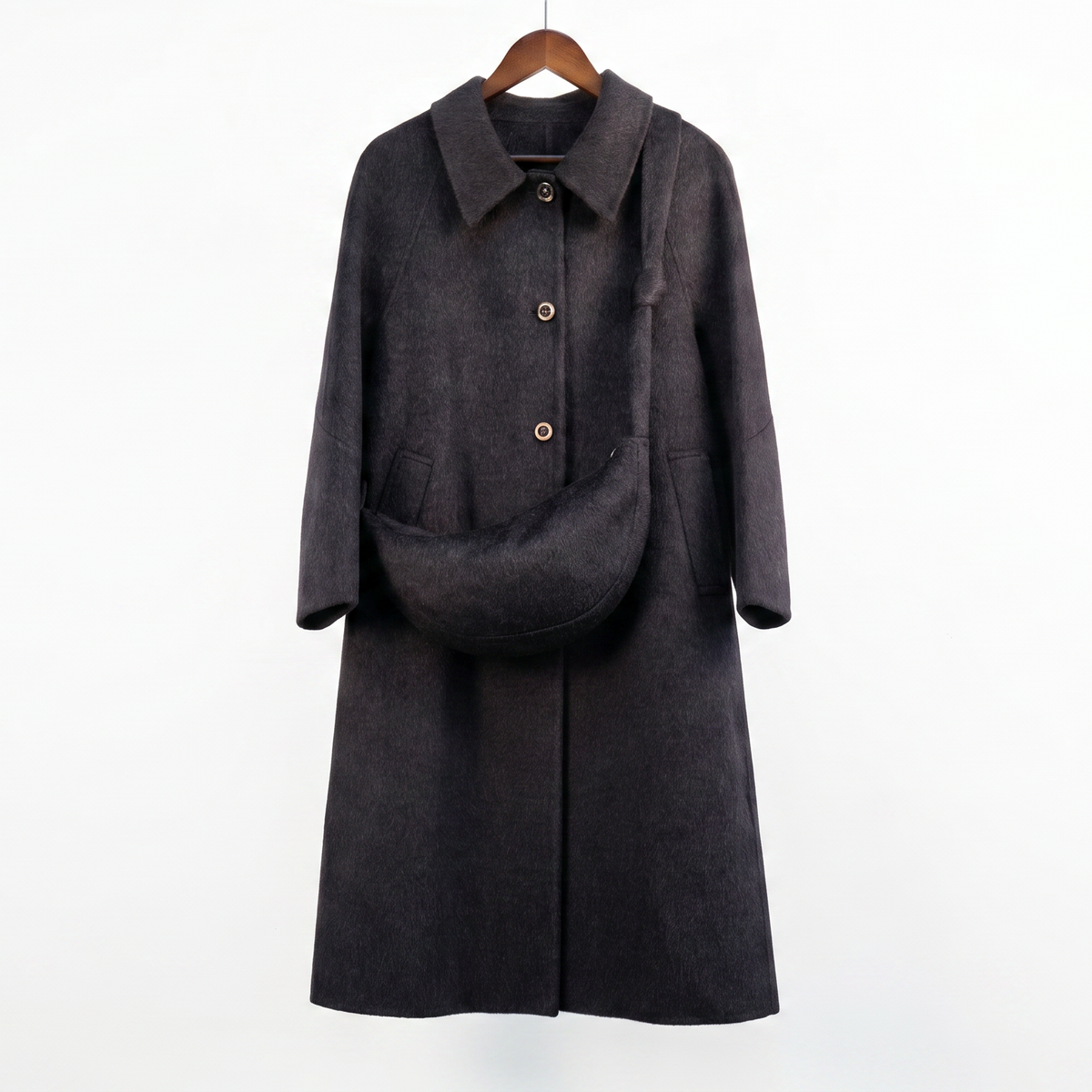 Premium Wool-Blend Long Coat with Matching Crossbody Bag