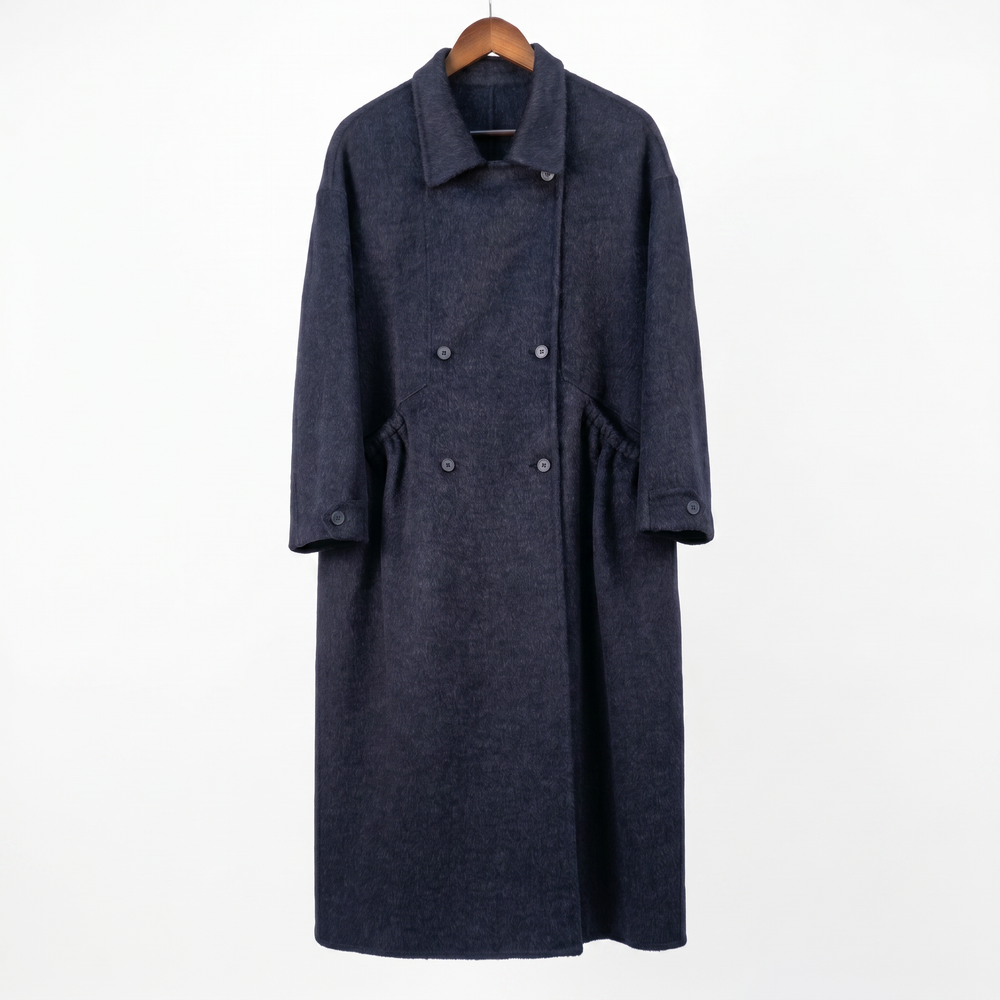 Premium Cashmere-Wool Blend Long Coat with Elegant Gathered Waist