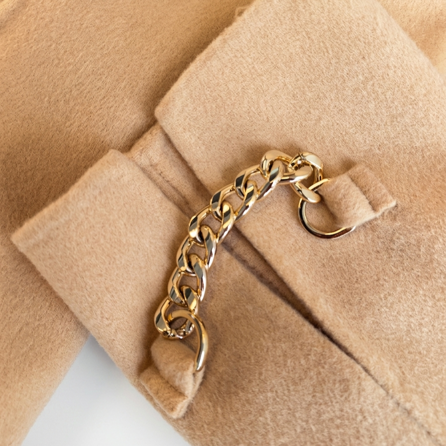 Premium 100% Wool Long Coat with Chain Detail