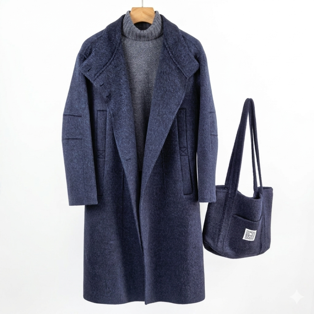 Premium Wool-Cashmere Blend Long Coat with Matching Tote