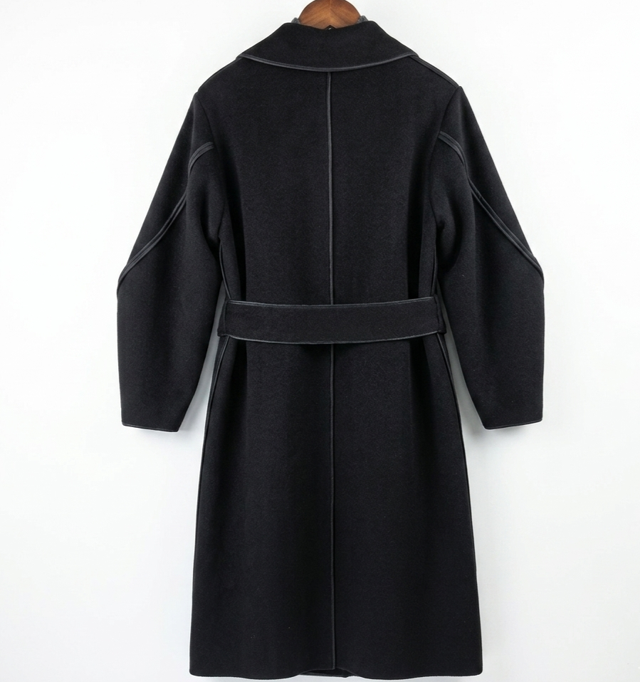 Premium 100% Wool Long Coat with Leather Trim