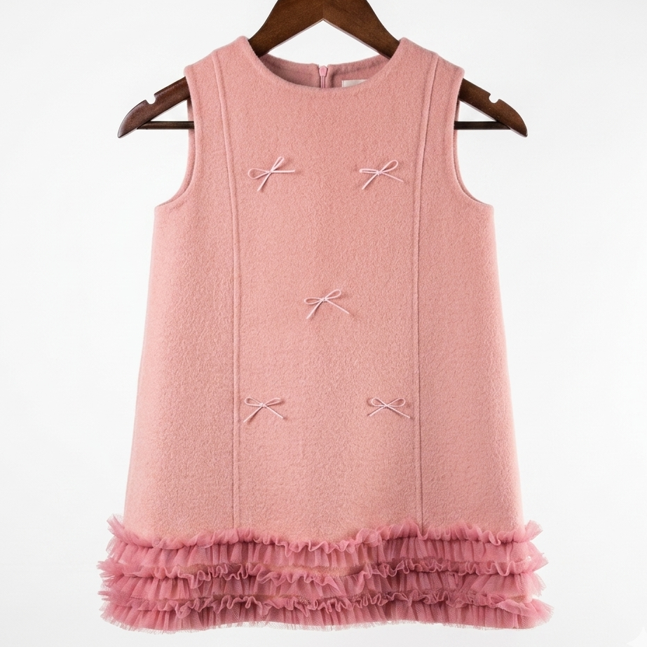Girls' 100% Wool Bow-Accent Ruffle Dress