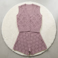 100% Wolle Häkel Zweiteiler Damen – Luxuriöses Strick-Set Weste & Shorts
