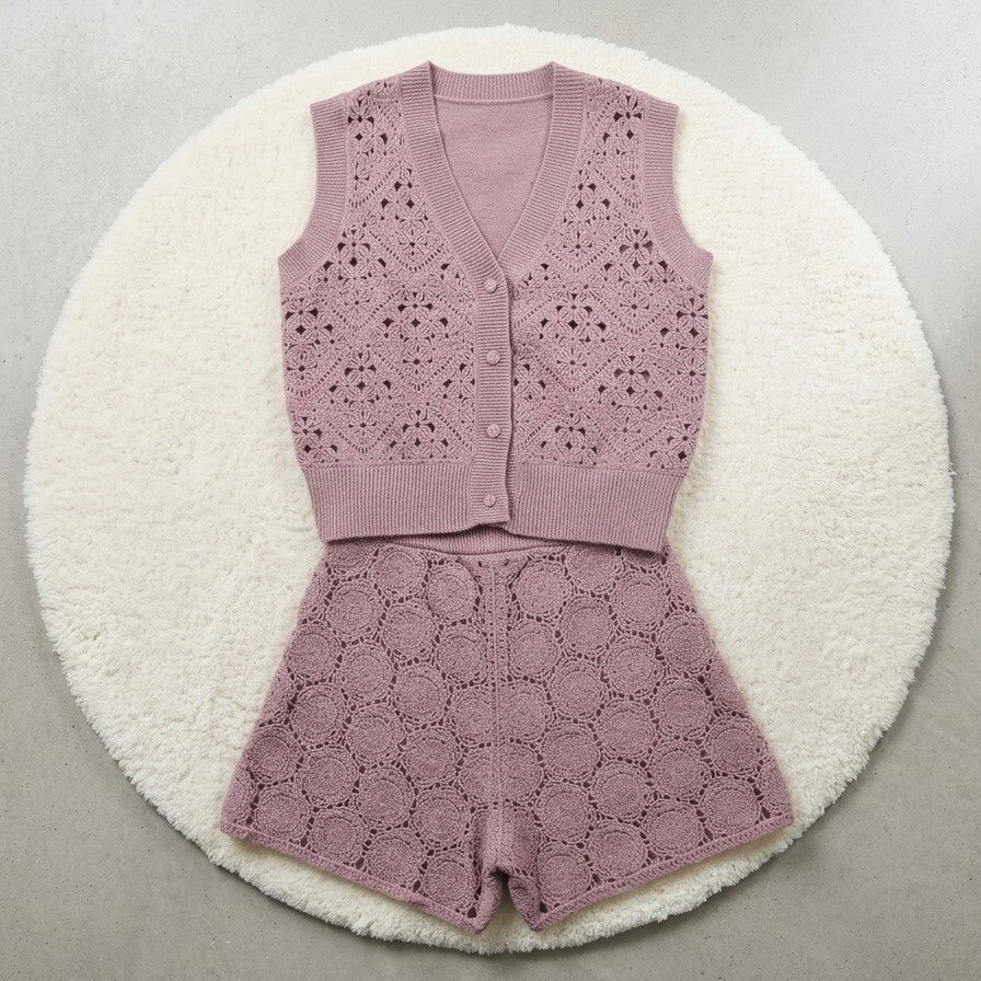 100% Wolle Häkel Zweiteiler Damen – Luxuriöses Strick-Set Weste & Shorts