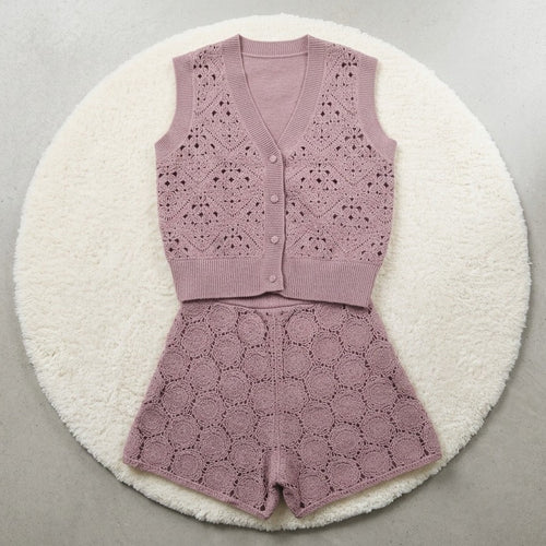 100% Wolle Häkel Zweiteiler Damen – Luxuriöses Strick-Set Weste & Shorts