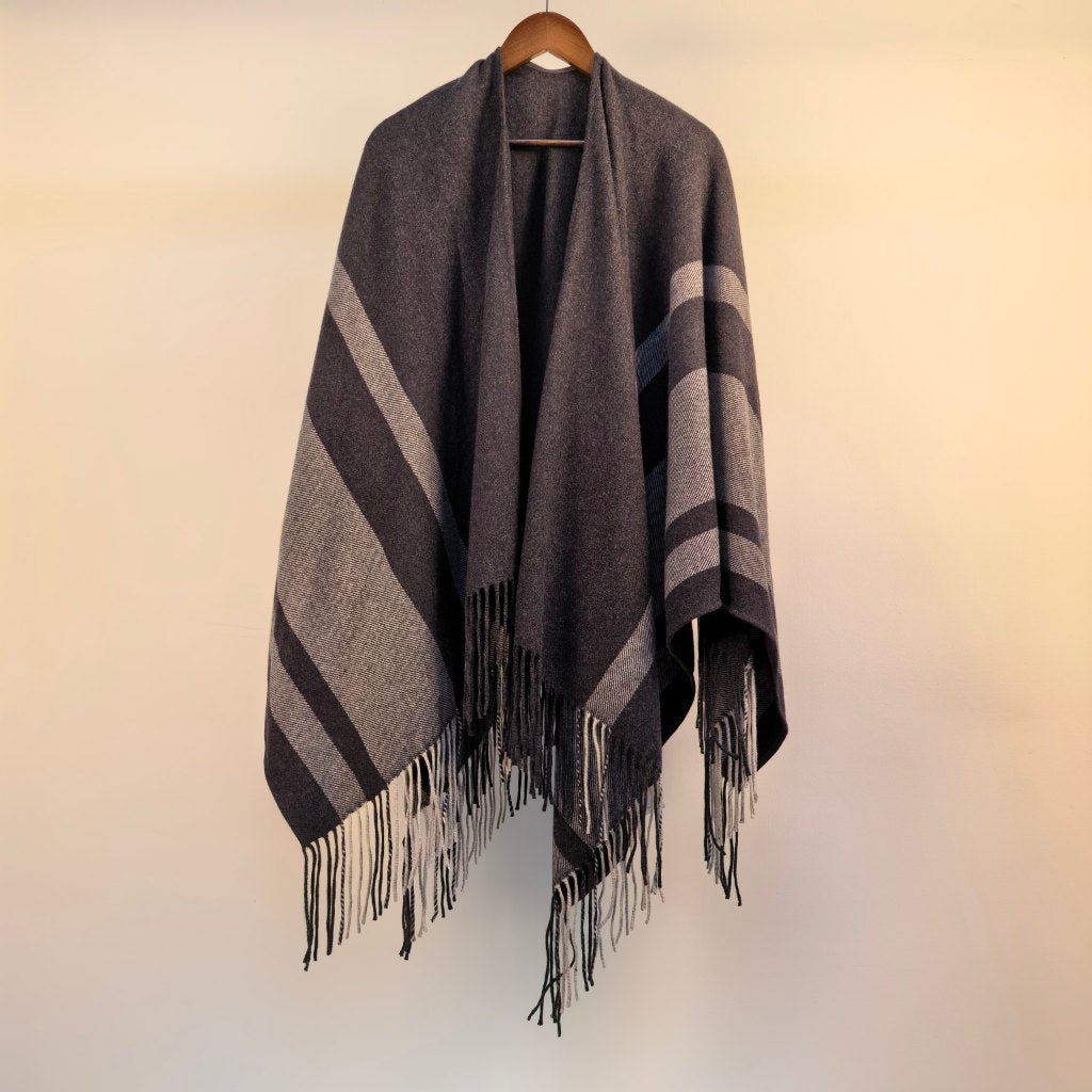 Elegant Hand-Sewn Striped Fringe Shawl Cape