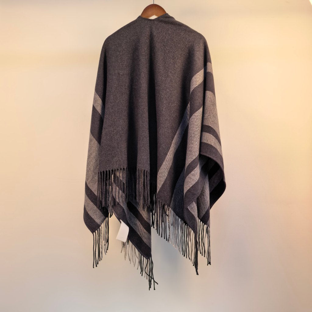 Elegant Hand-Sewn Striped Fringe Shawl Cape