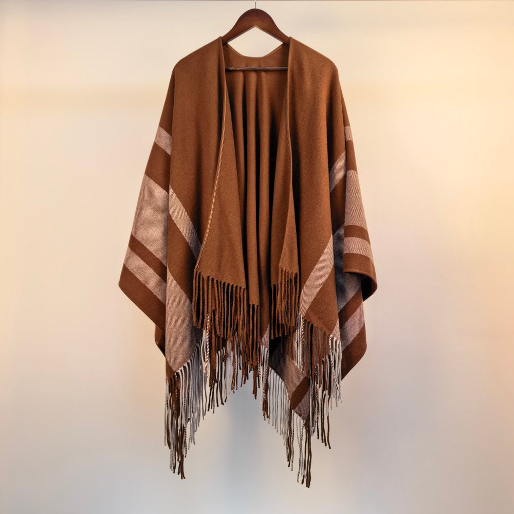 Elegant Hand-Sewn Striped Fringe Shawl Cape