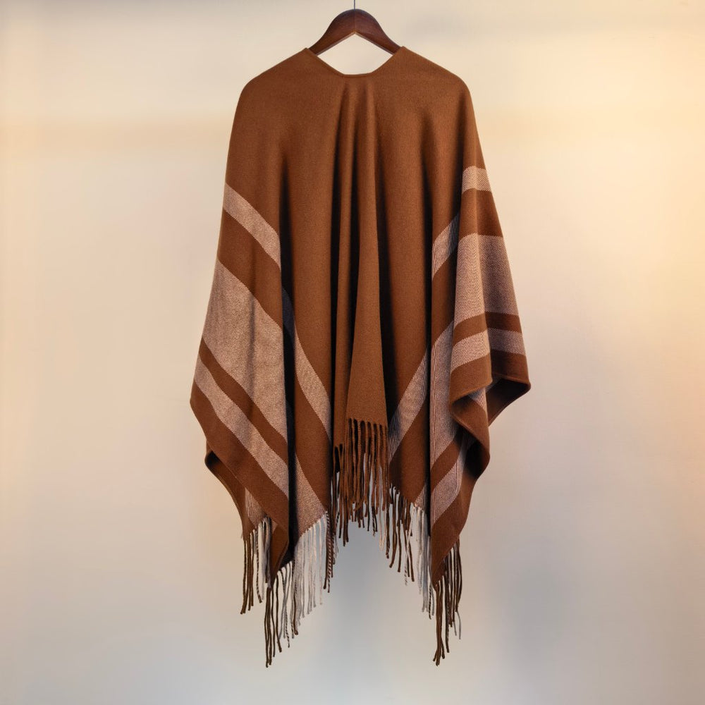 Elegant Hand-Sewn Striped Fringe Shawl Cape