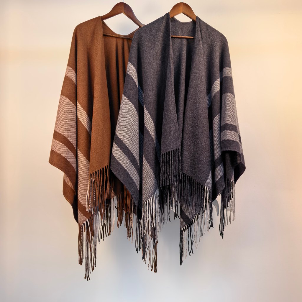 Elegant Hand-Sewn Striped Fringe Shawl Cape
