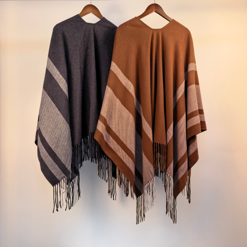 Elegant Hand-Sewn Striped Fringe Shawl Cape
