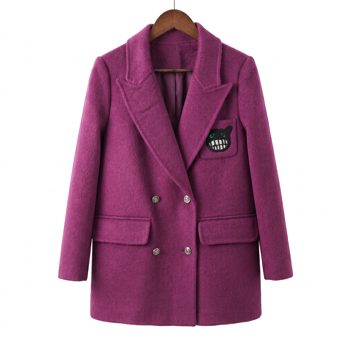 Women's Cashmere-Wool Blend Double-Breasted Coat with Embroidered Patch