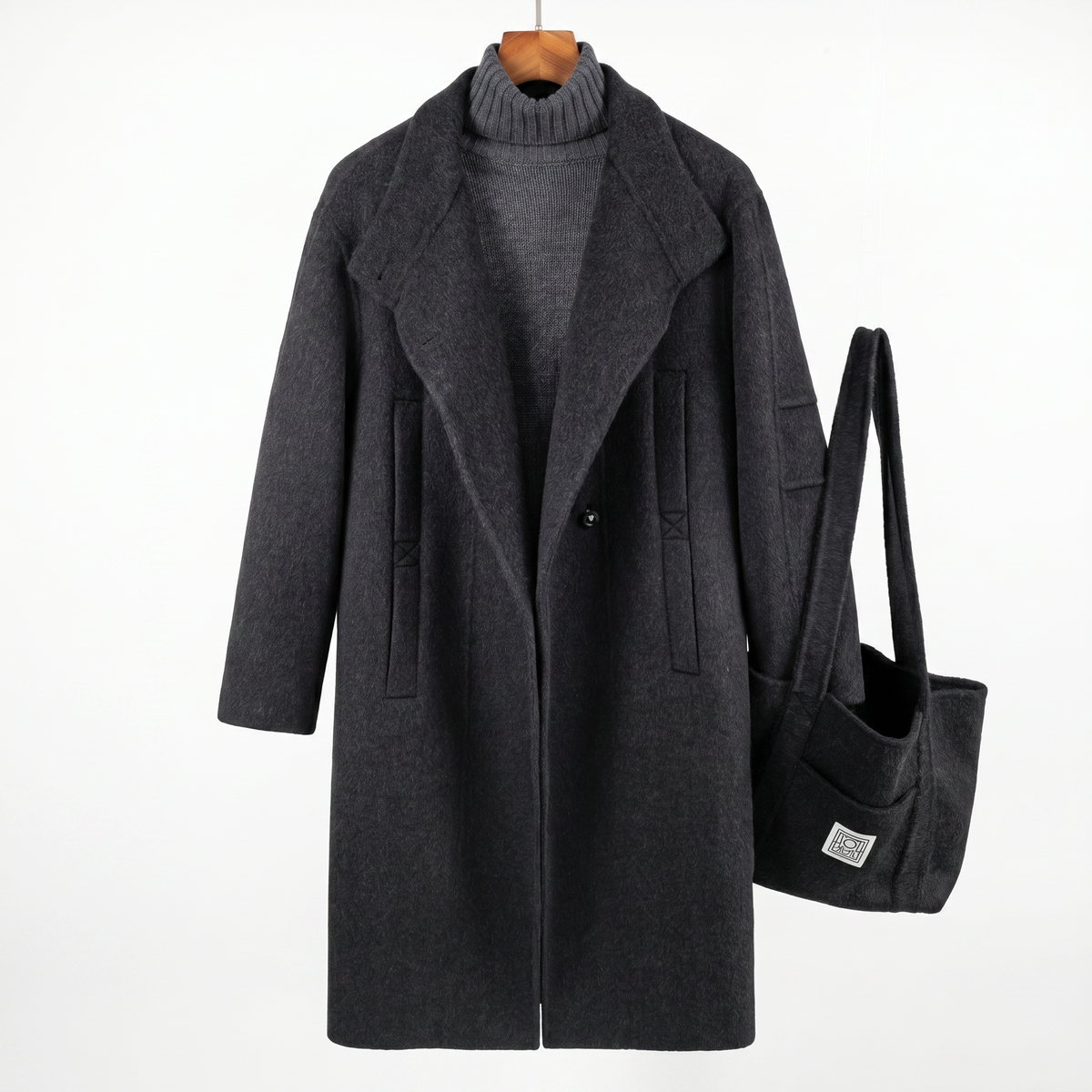 Premium Wool-Cashmere Blend Long Coat with Matching Tote