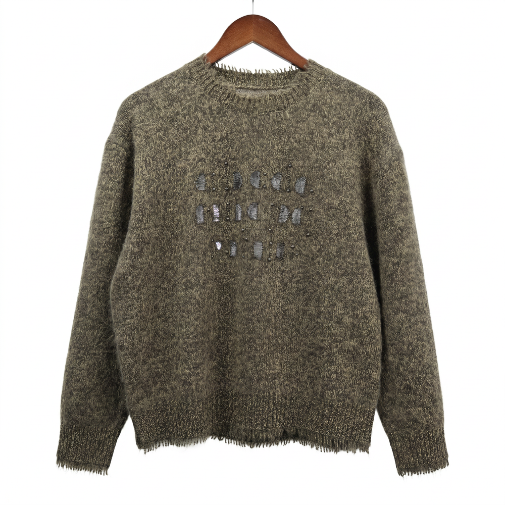 Embellished Fuzzy Cashmere-Wool Crewneck Sweater with Sequins