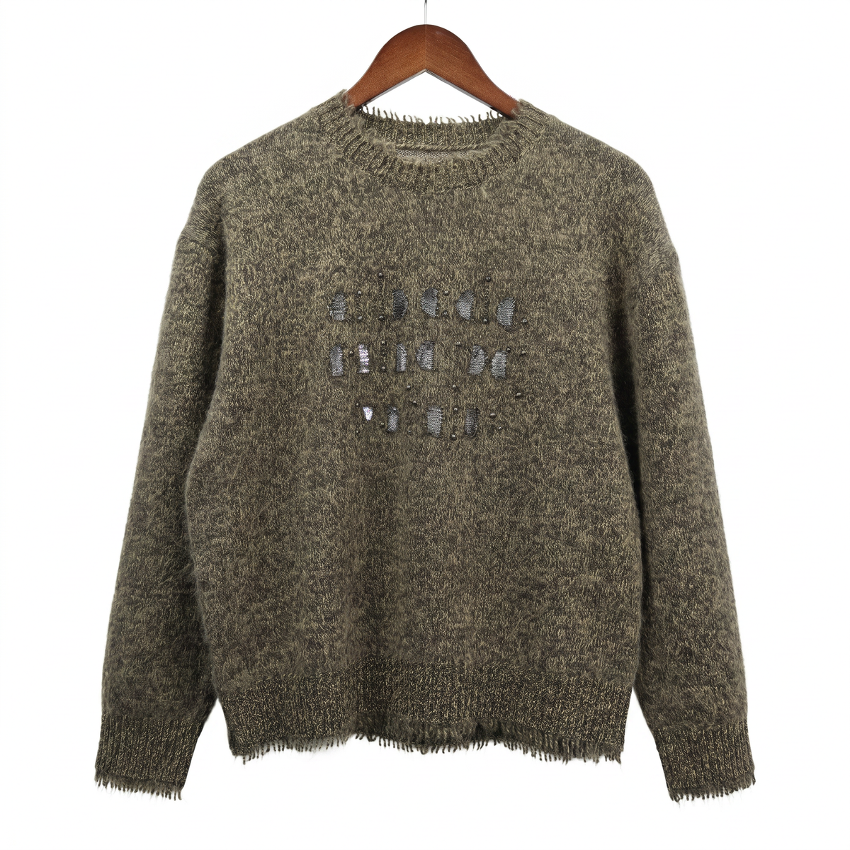 Embellished Fuzzy Cashmere-Wool Crewneck Sweater with Sequins