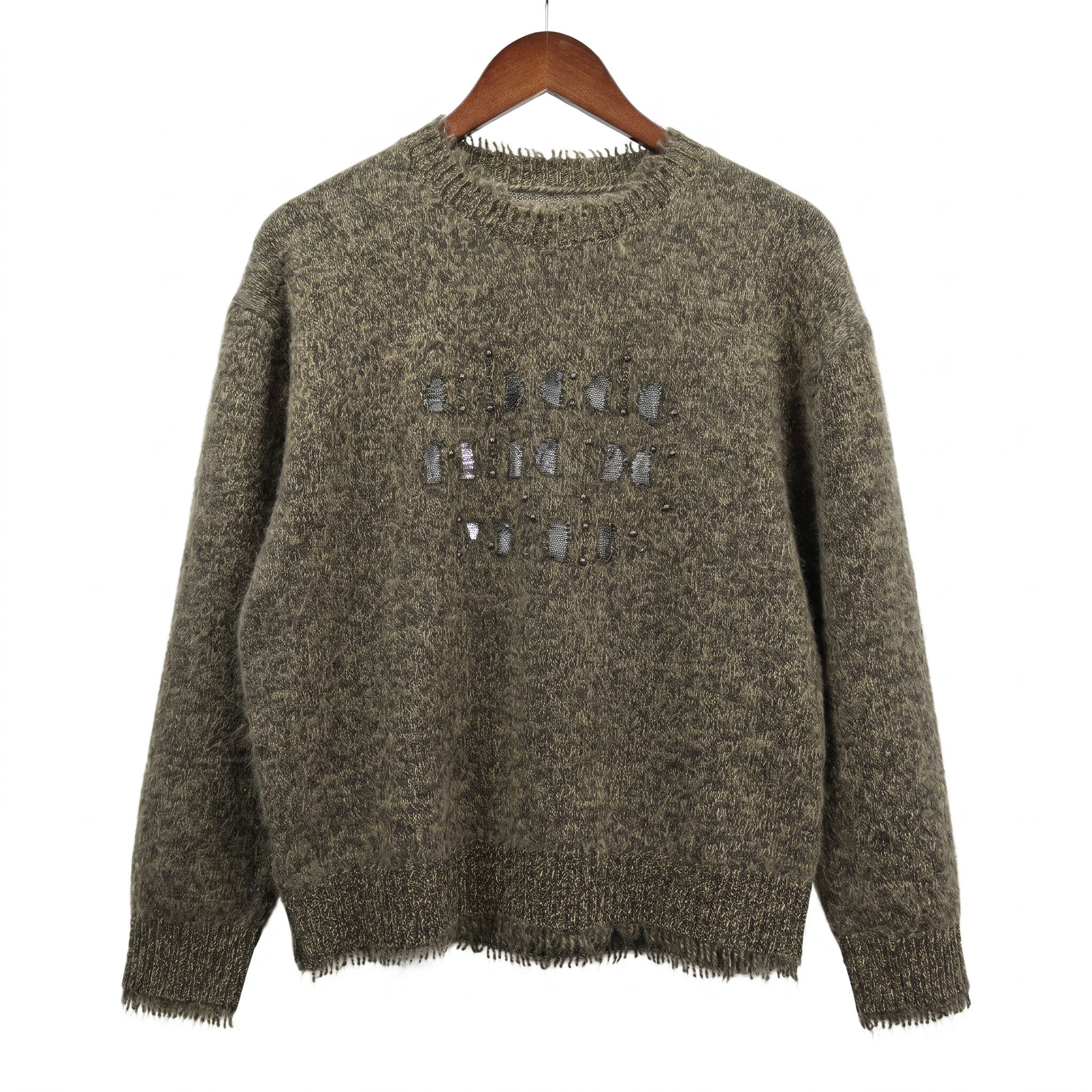 Embellished Fuzzy Cashmere-Wool Crewneck Sweater with Sequins