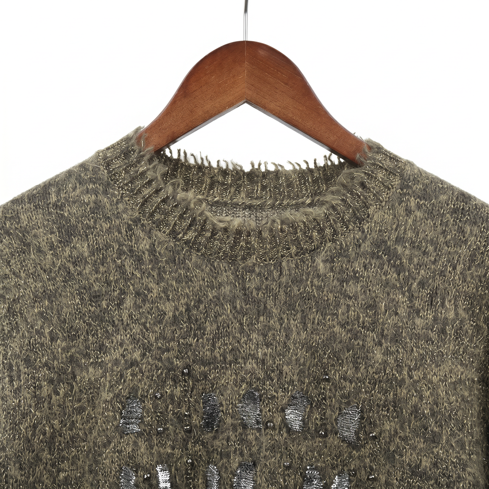 Embellished Fuzzy Cashmere-Wool Crewneck Sweater with Sequins