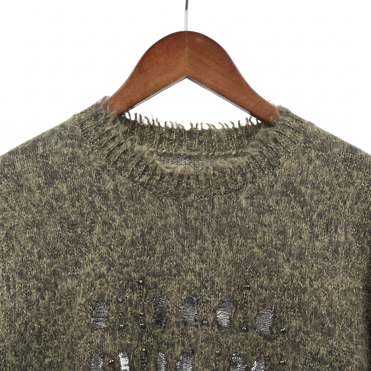 Embellished Fuzzy Cashmere-Wool Crewneck Sweater with Sequins