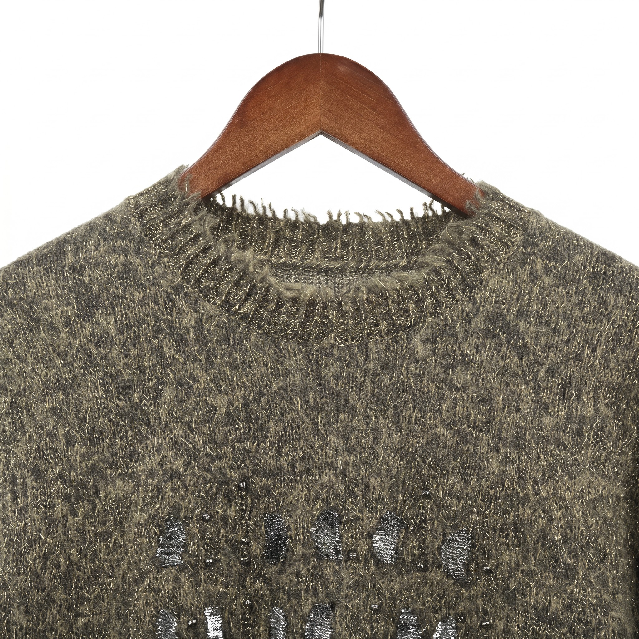 Embellished Fuzzy Cashmere-Wool Crewneck Sweater with Sequins