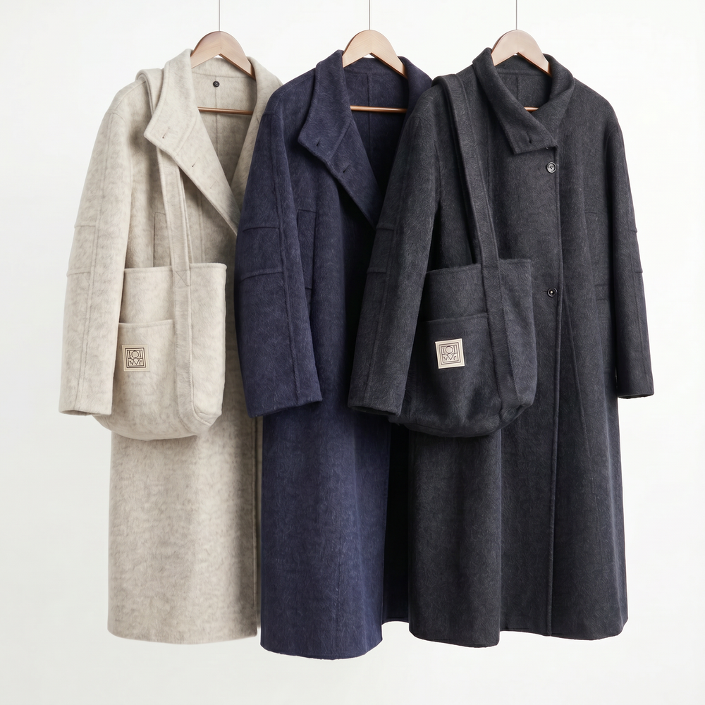 Premium Wool-Cashmere Blend Long Coat with Matching Tote