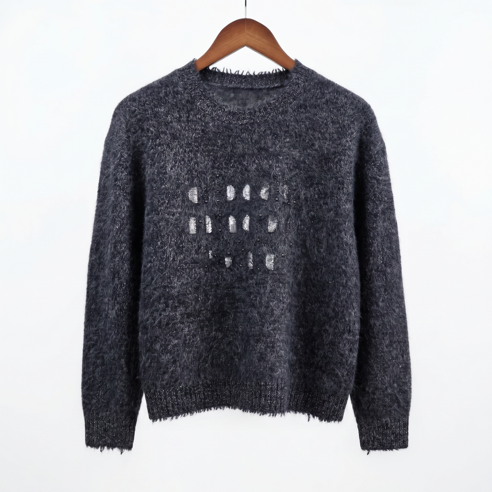 Embellished Fuzzy Cashmere-Wool Crewneck Sweater with Sequins