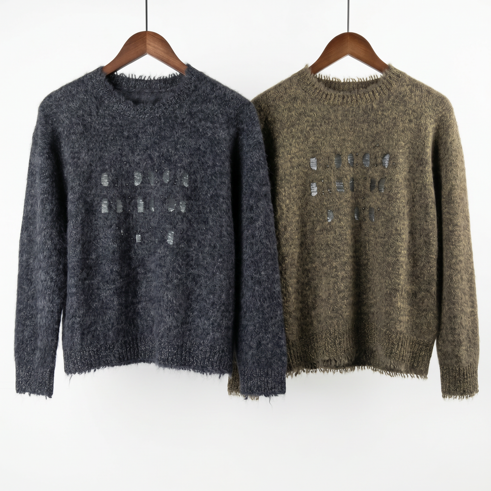 Embellished Fuzzy Cashmere-Wool Crewneck Sweater with Sequins