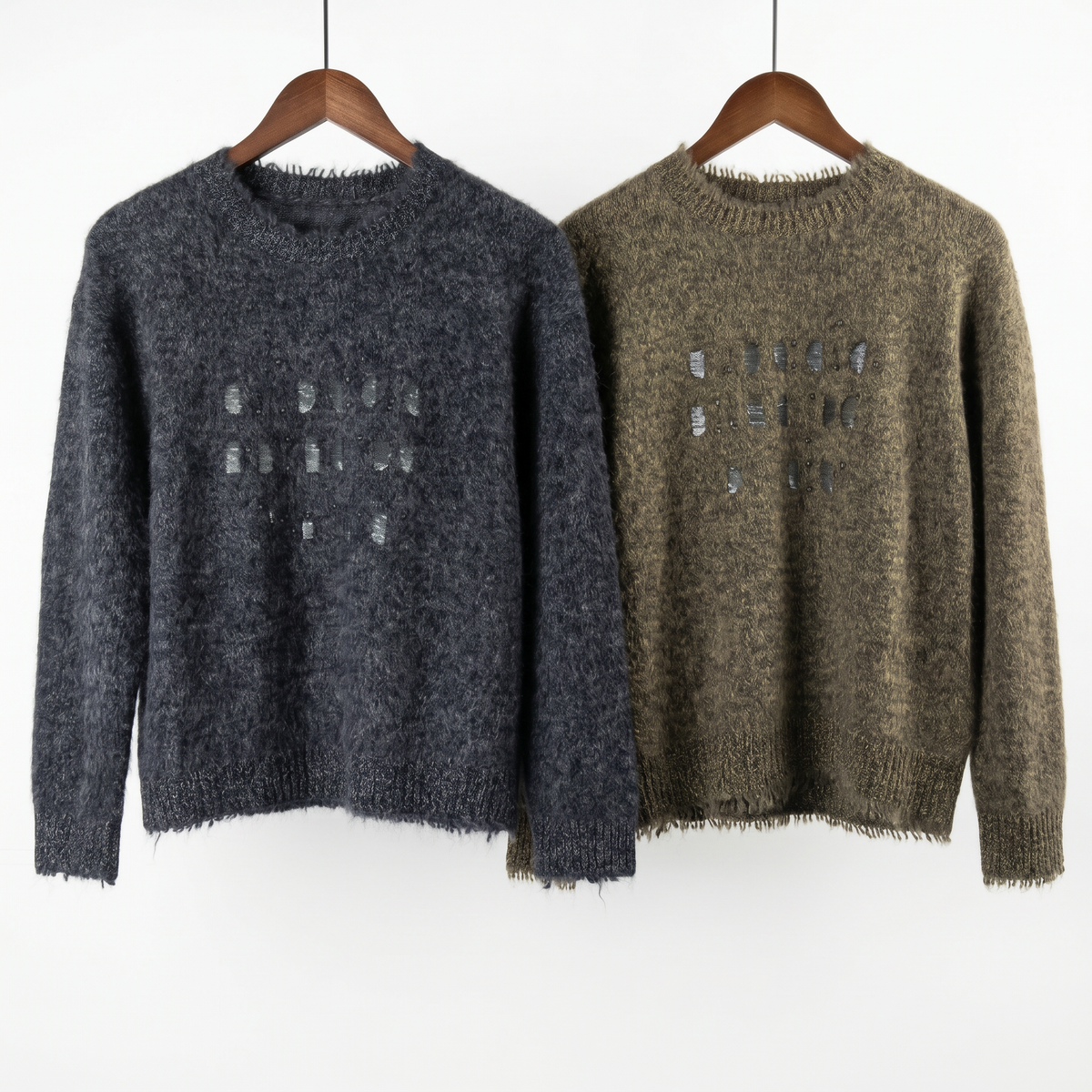 Embellished Fuzzy Cashmere-Wool Crewneck Sweater with Sequins