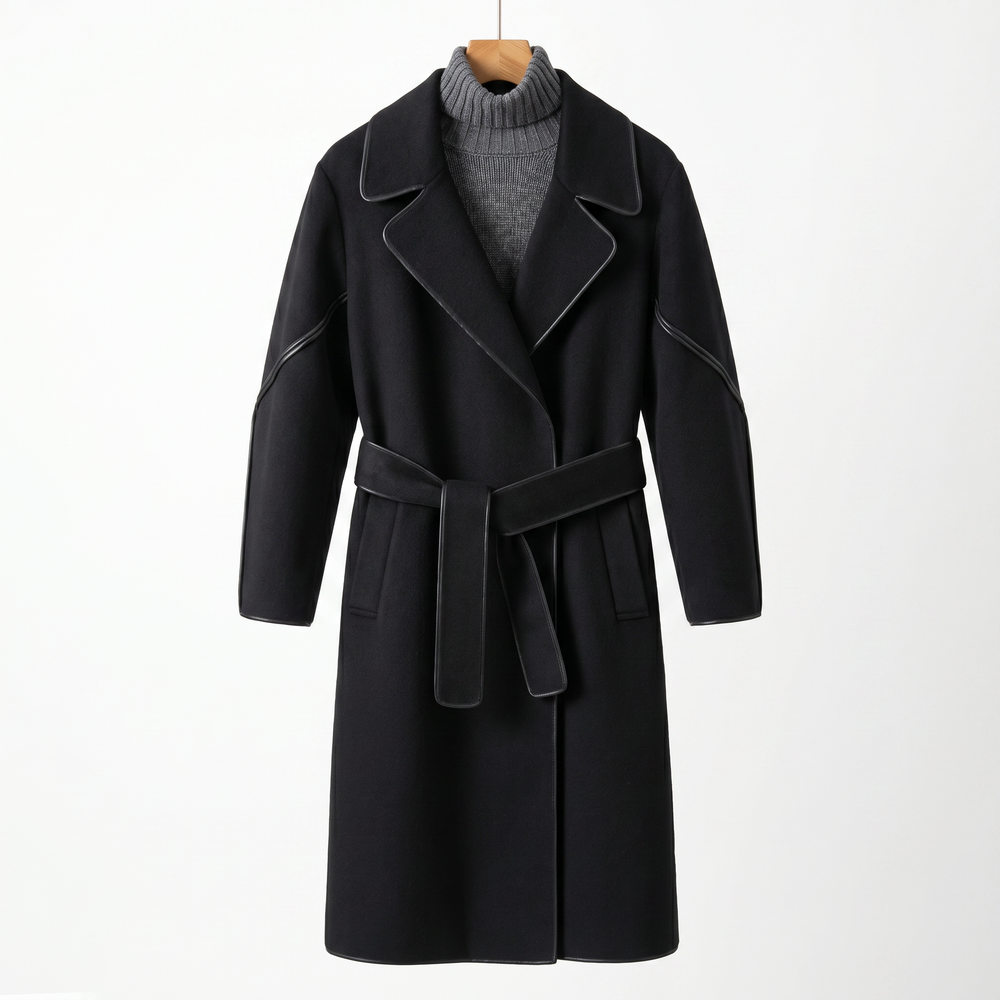Premium 100% Wool Long Coat with Leather Trim