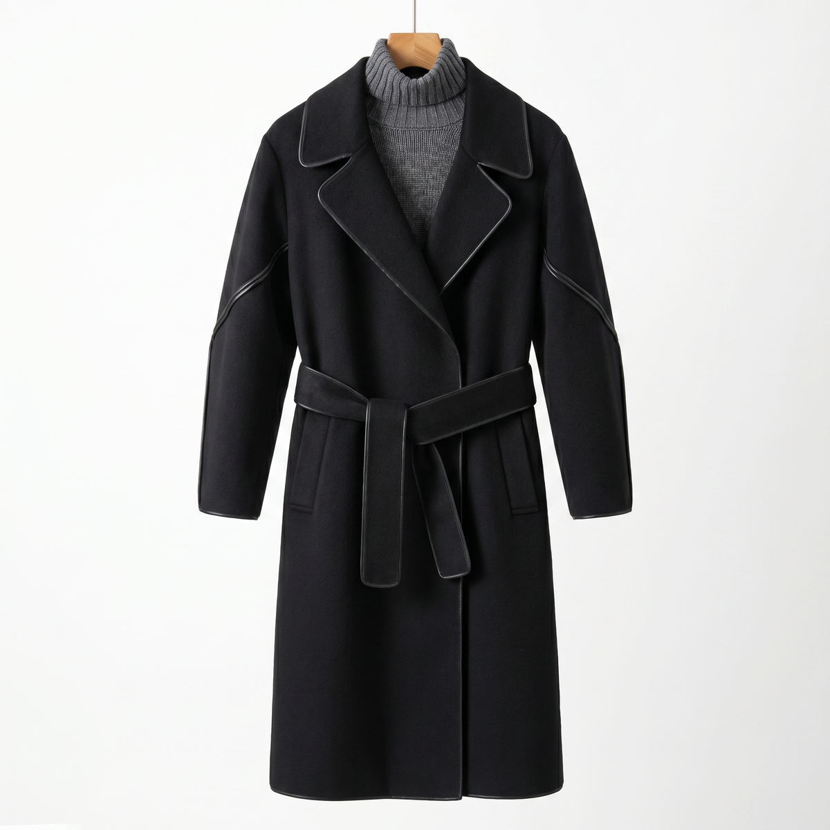Premium 100% Wool Long Coat with Leather Trim