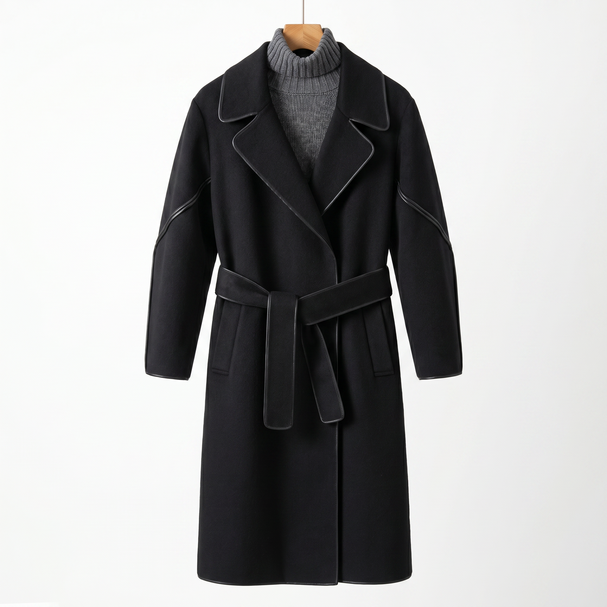 Premium 100% Wool Long Coat with Leather Trim