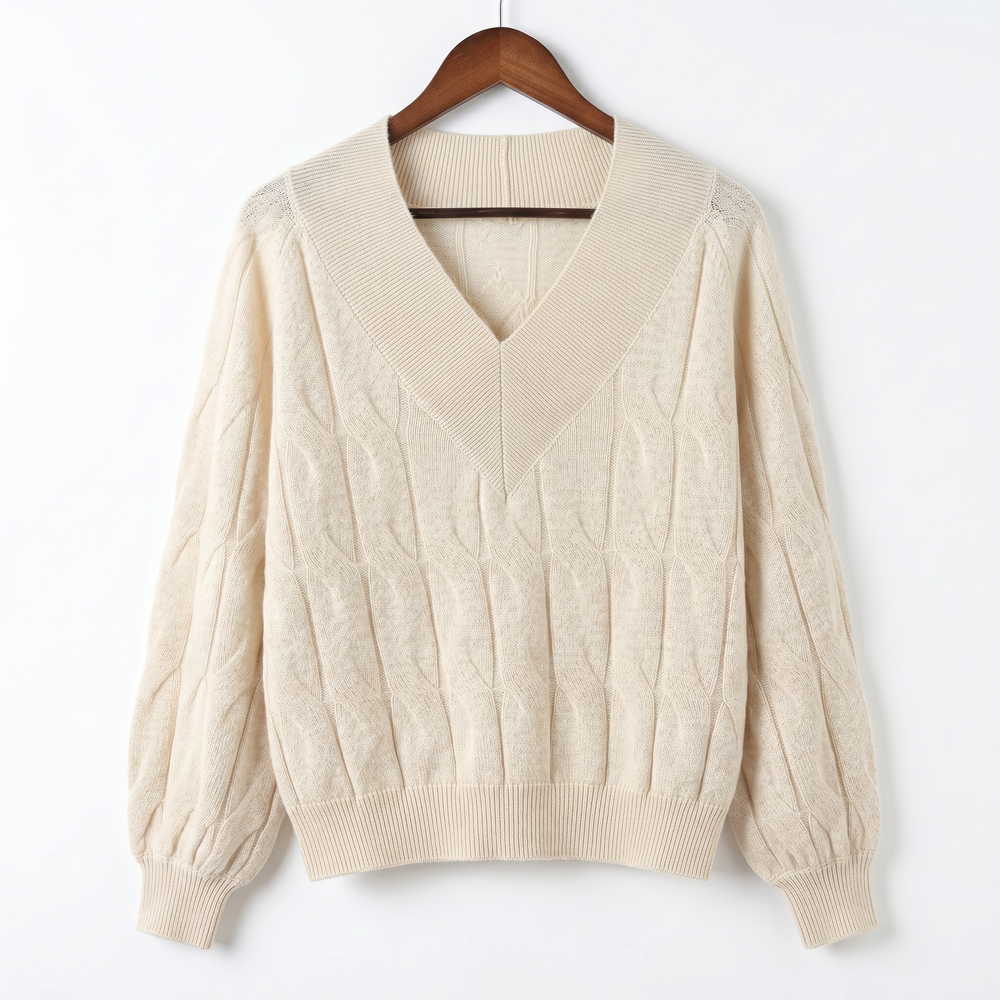 Luxury 100% Cashmere V-Neck Cable-Knit Sweater