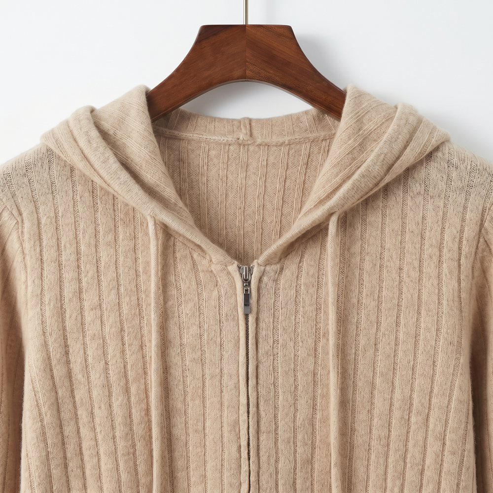Luxury 100% Cashmere Ribbed Zip-Up Hoodie