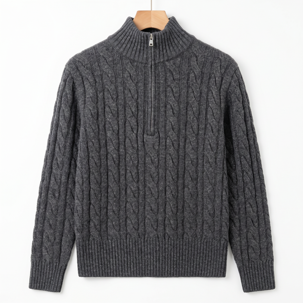 Premium Cashmere-Wool Cable-Knit Quarter-Zip Sweater