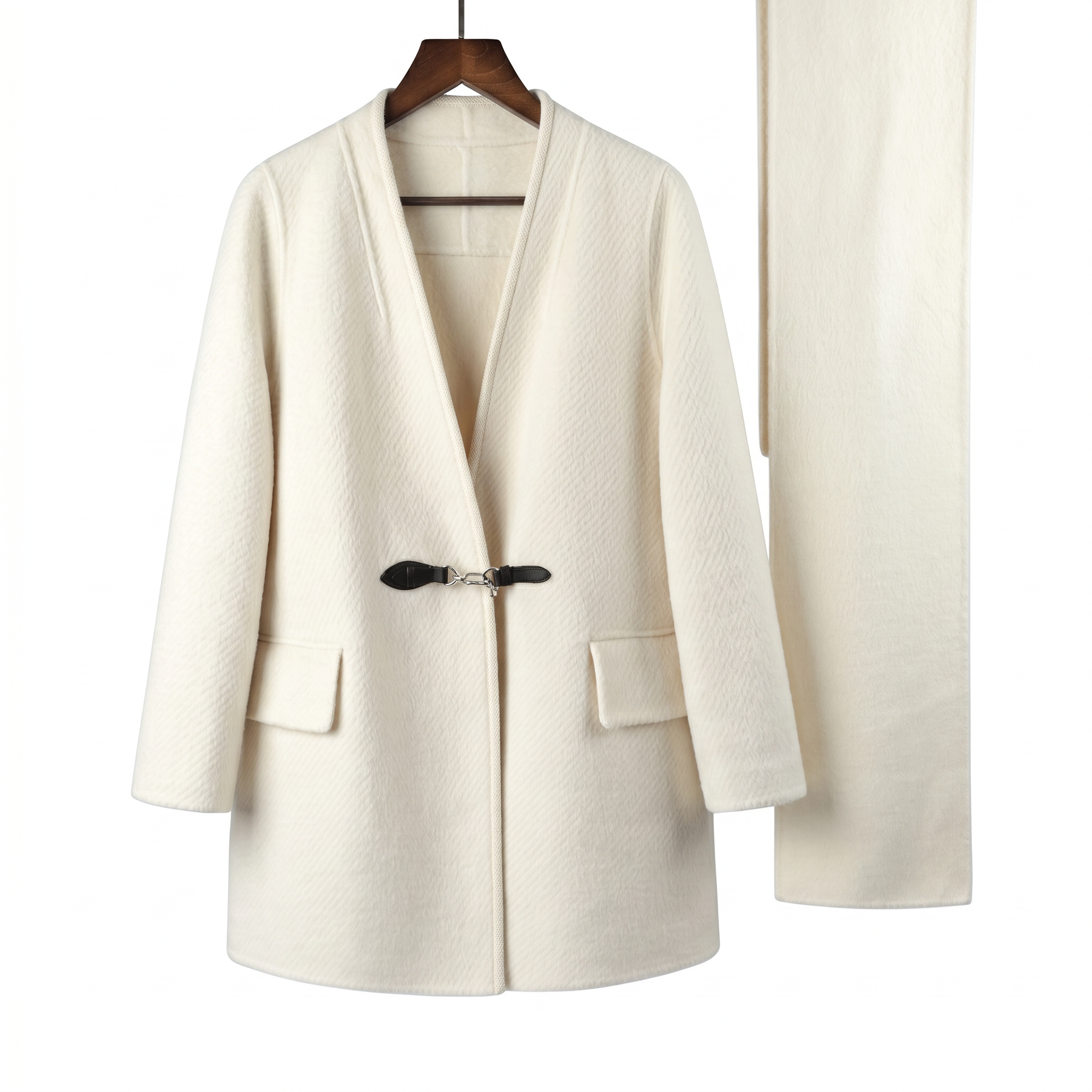Elegant Collarless Wool Blend Coat with Matching Scarf