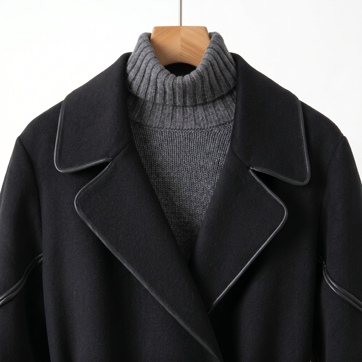 Premium 100% Wool Long Coat with Leather Trim