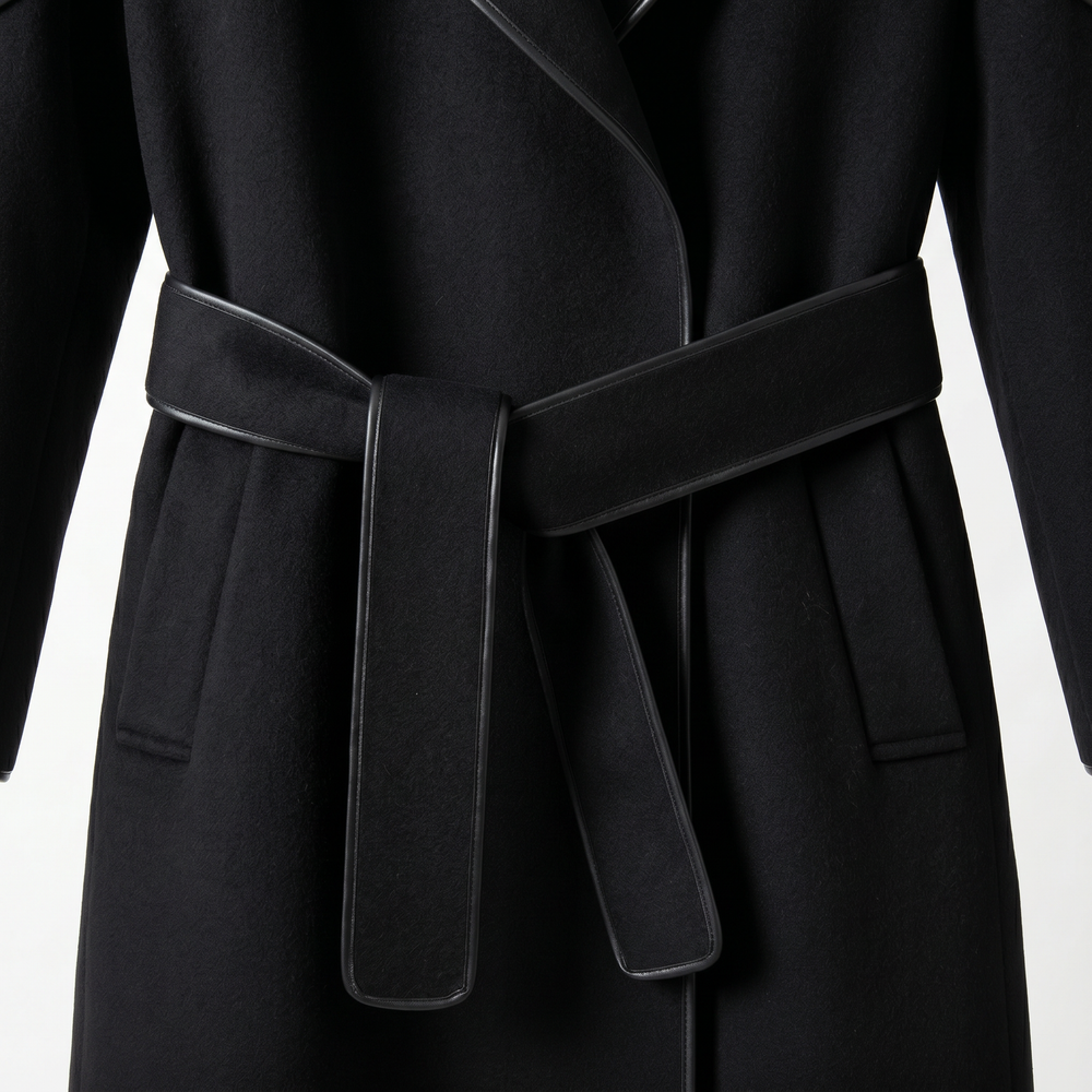 Premium 100% Wool Long Coat with Leather Trim