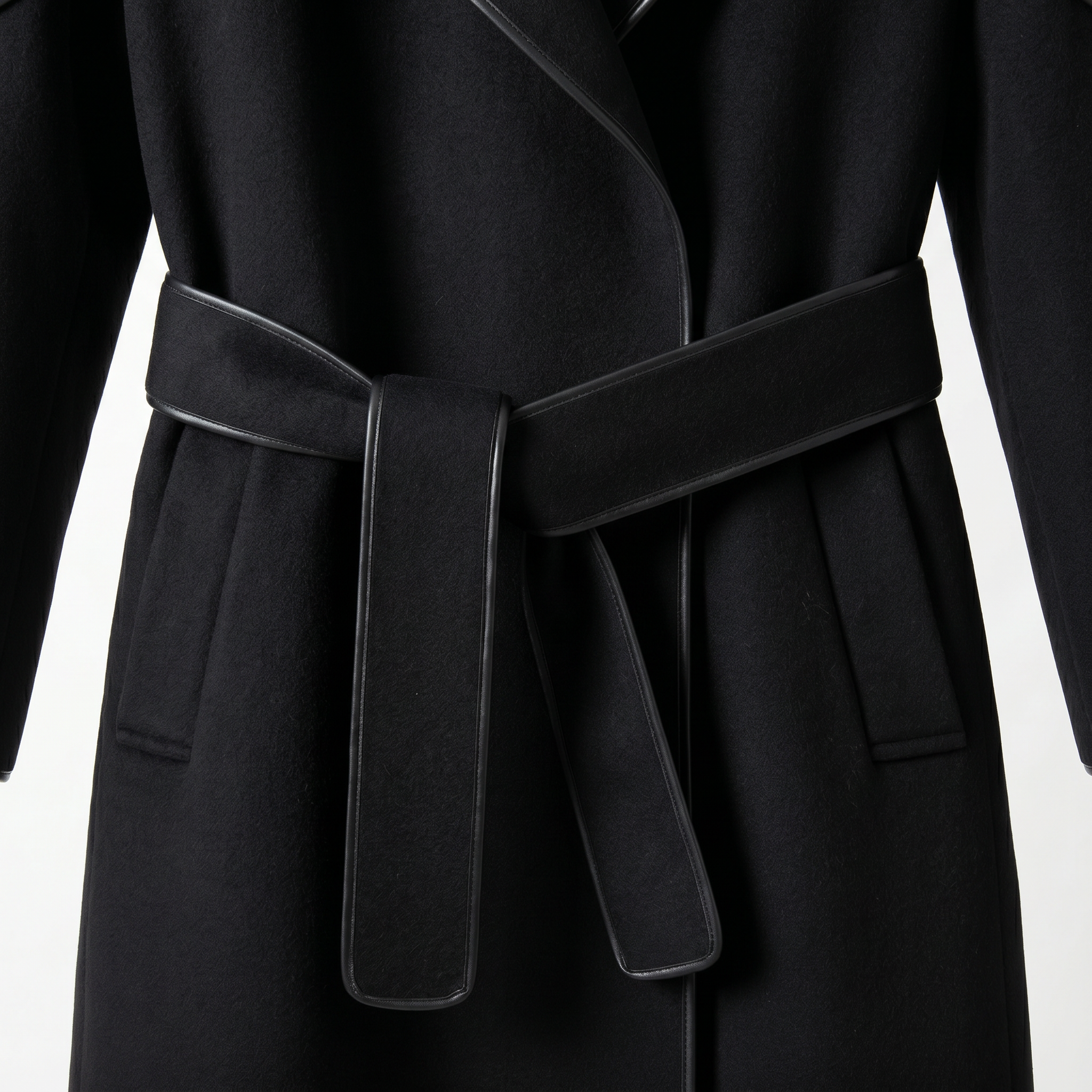 Premium 100% Wool Long Coat with Leather Trim