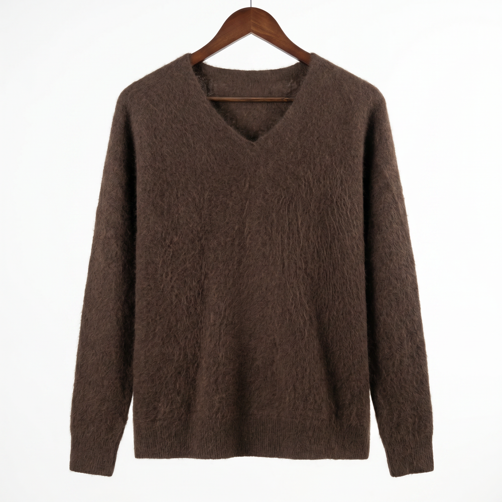 Classic Fuzzy Cashmere-Wool Blend V-Neck Sweater