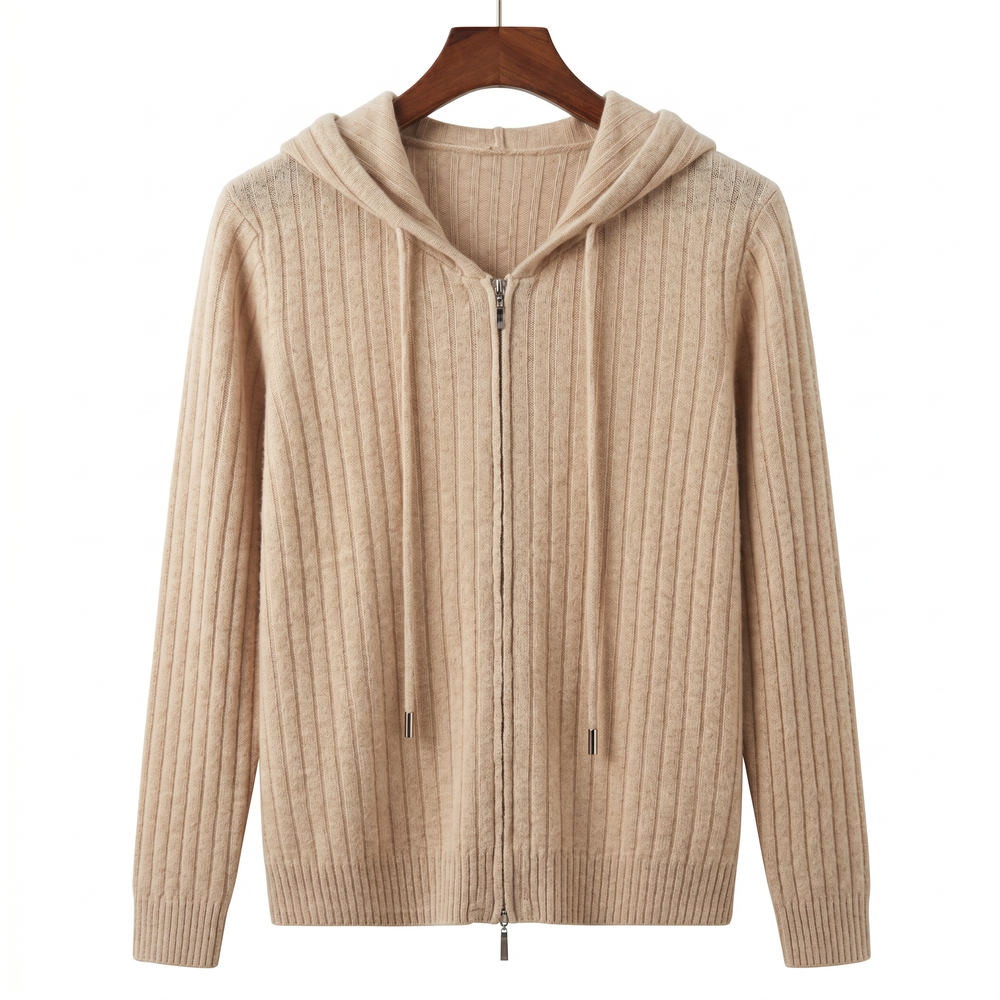 Luxury 100% Cashmere Ribbed Zip-Up Hoodie