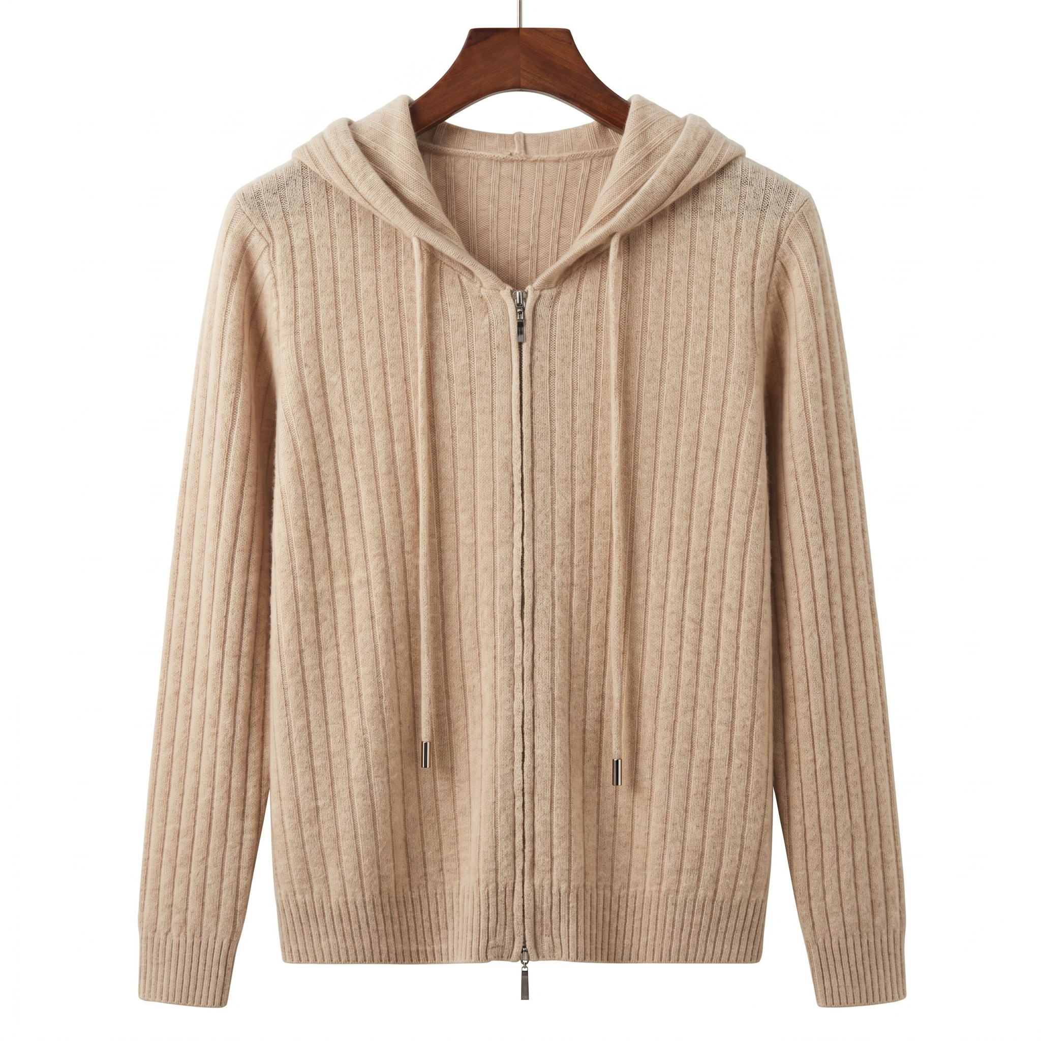 Luxury 100% Cashmere Ribbed Zip-Up Hoodie