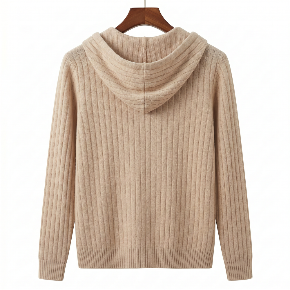 Luxury 100% Cashmere Ribbed Zip-Up Hoodie