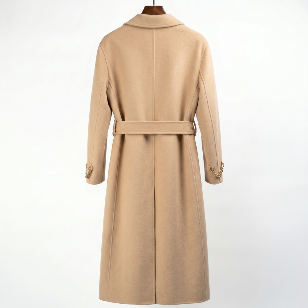 Premium 100% Wool Long Coat with Chain Detail