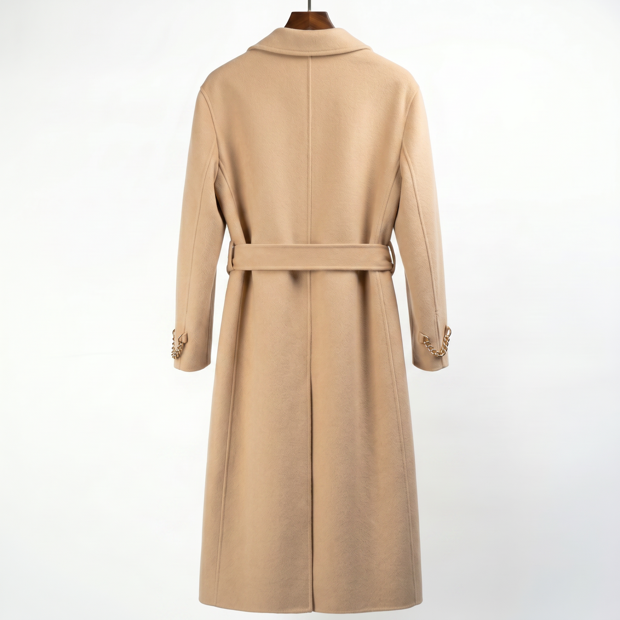Premium 100% Wool Long Coat with Chain Detail